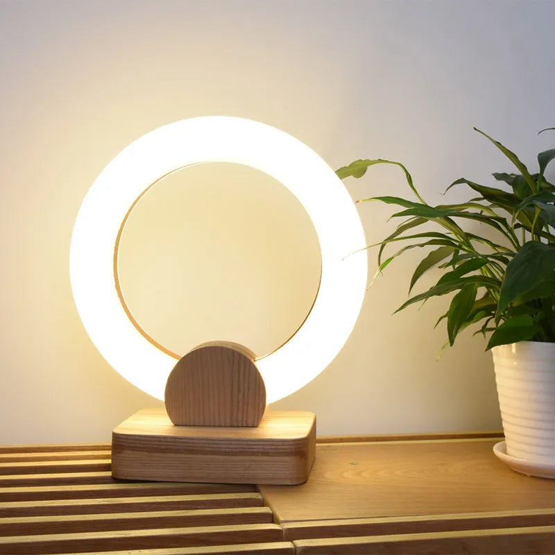 Modern circular Nordic style wooden art LED chandelier with acrylic shade