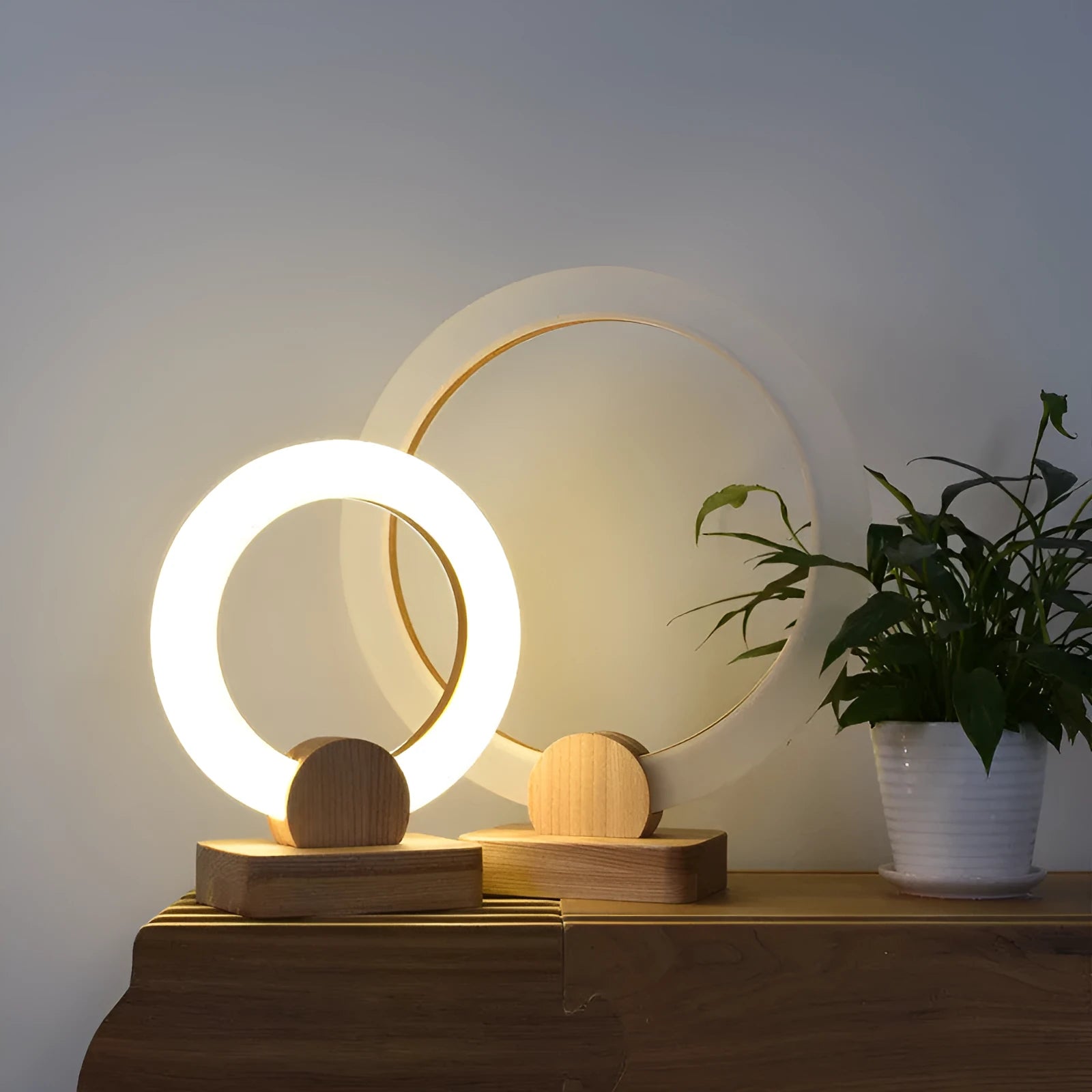 Modern circular Nordic style wooden art LED chandelier with acrylic shade