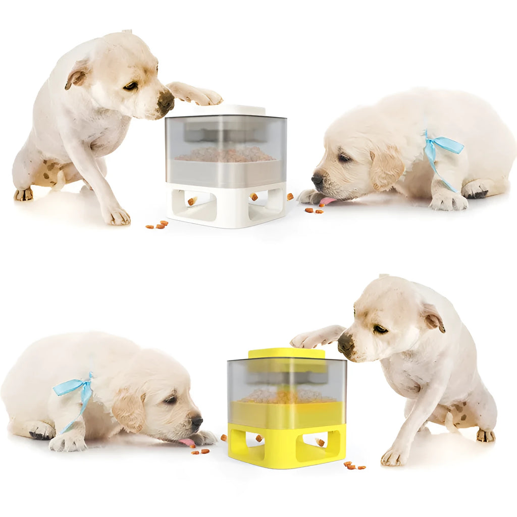 Square ABS dog food feeder toy with four leakage channels, anti-slip pads and suction cups, 171 x 171 x 186 mm