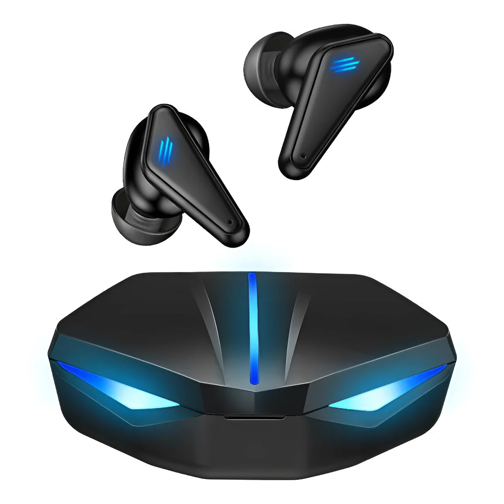 Blue Private Model K55 true wireless Bluetooth gaming earbuds with charging case.