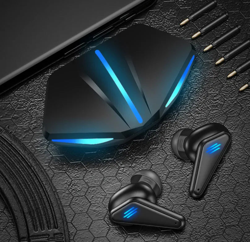 Blue Private Model K55 true wireless Bluetooth gaming earbuds with charging case.