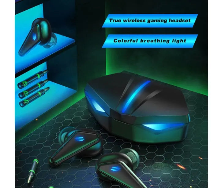 Blue Private Model K55 true wireless Bluetooth gaming earbuds with charging case.