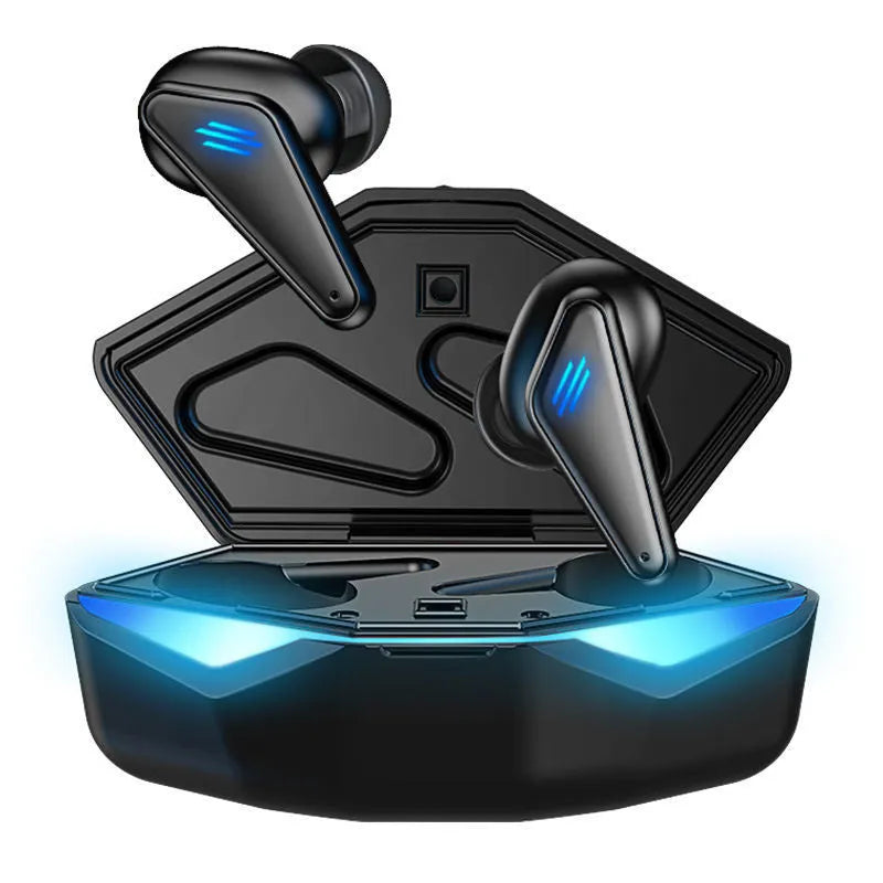 Blue Private Model K55 true wireless Bluetooth gaming earbuds with charging case.