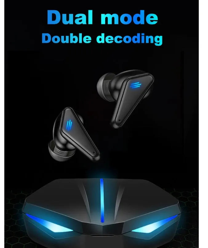 Blue Private Model K55 true wireless Bluetooth gaming earbuds with charging case.