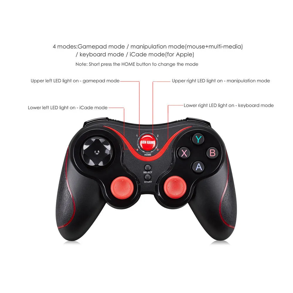 Black wireless Bluetooth gamepad controller for Android and iOS mobile phones on a table