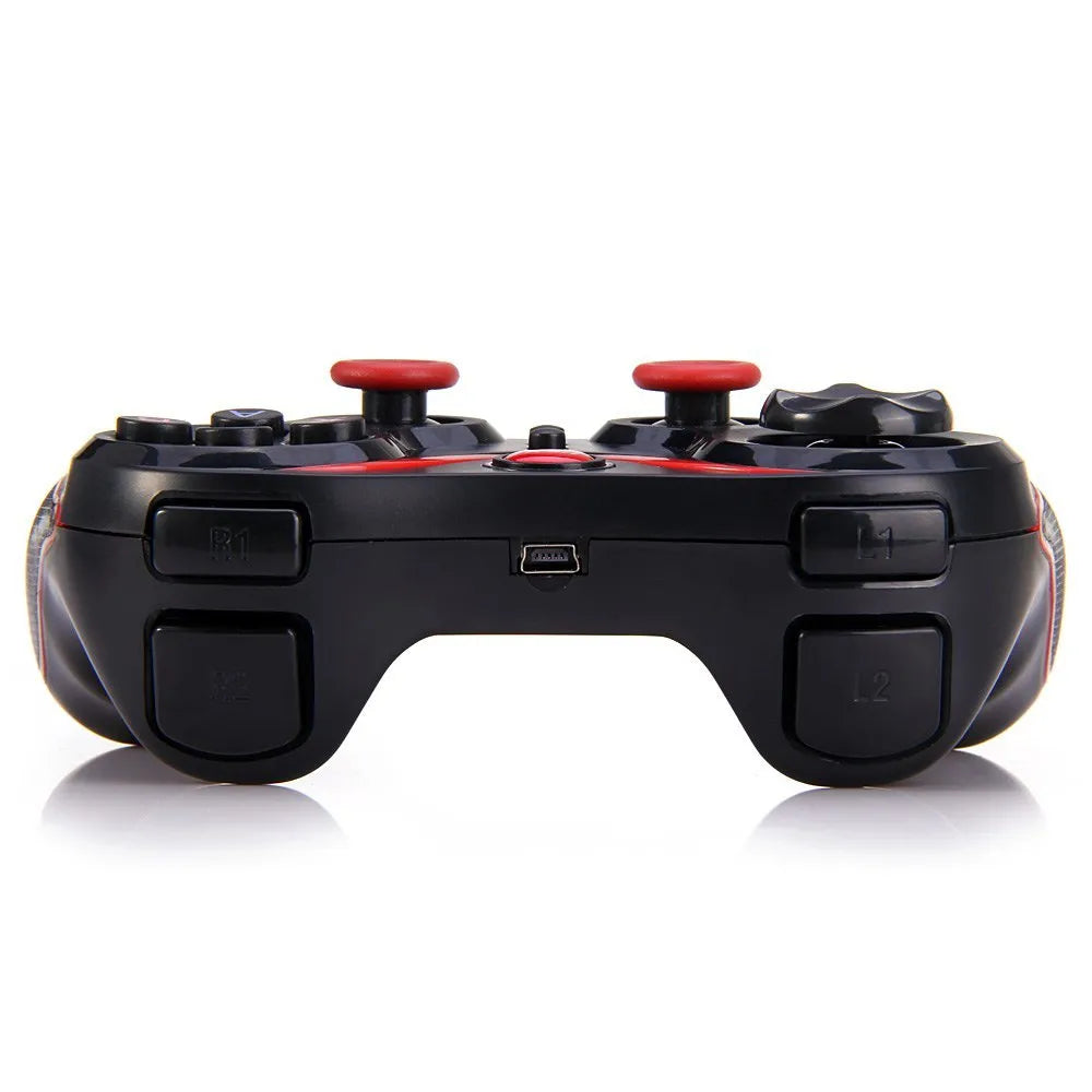 Black wireless Bluetooth gamepad controller for Android and iOS mobile phones on a table
