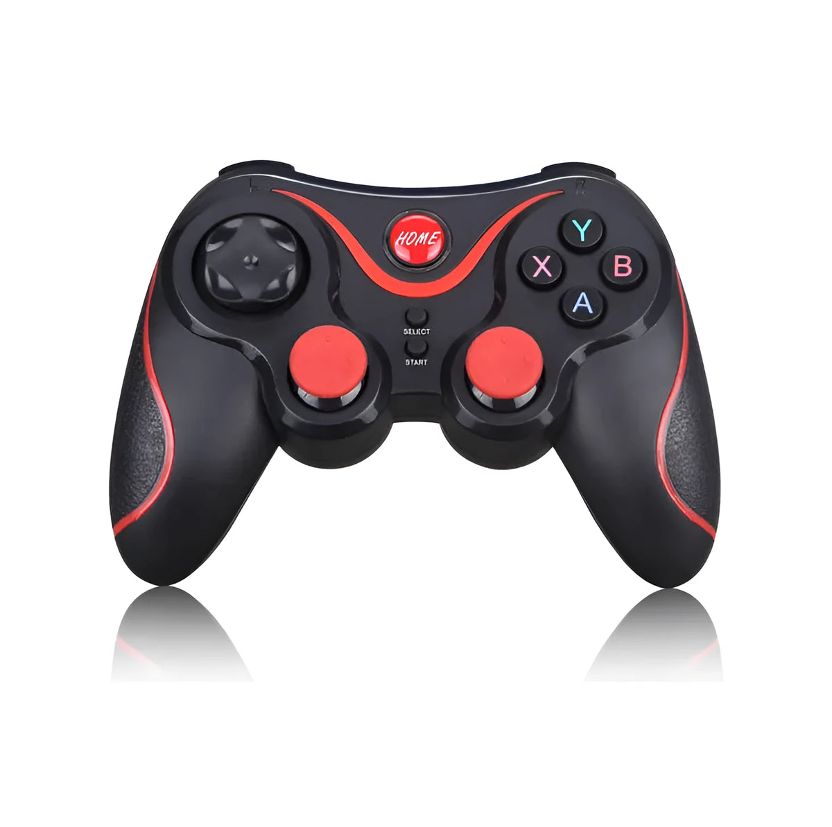 Black wireless Bluetooth gamepad controller for Android and iOS mobile phones on a table