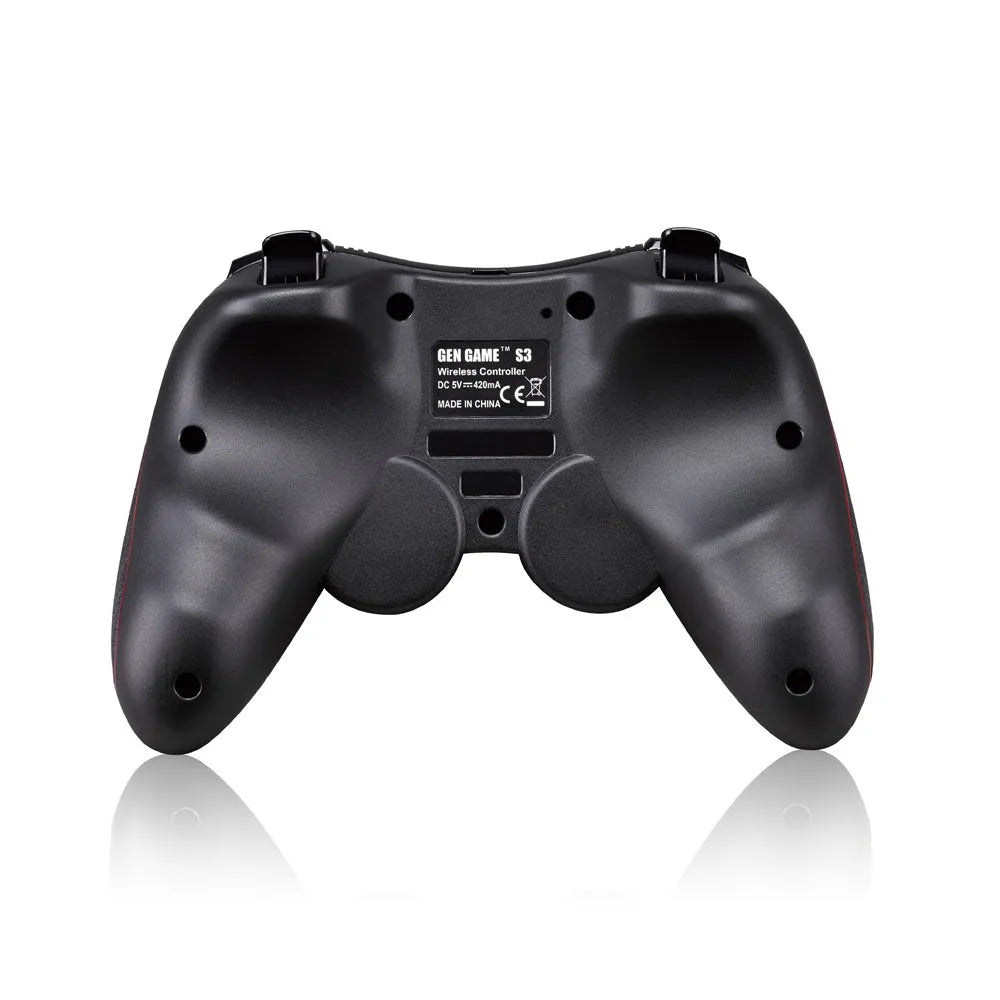 Black wireless Bluetooth gamepad controller for Android and iOS mobile phones on a table