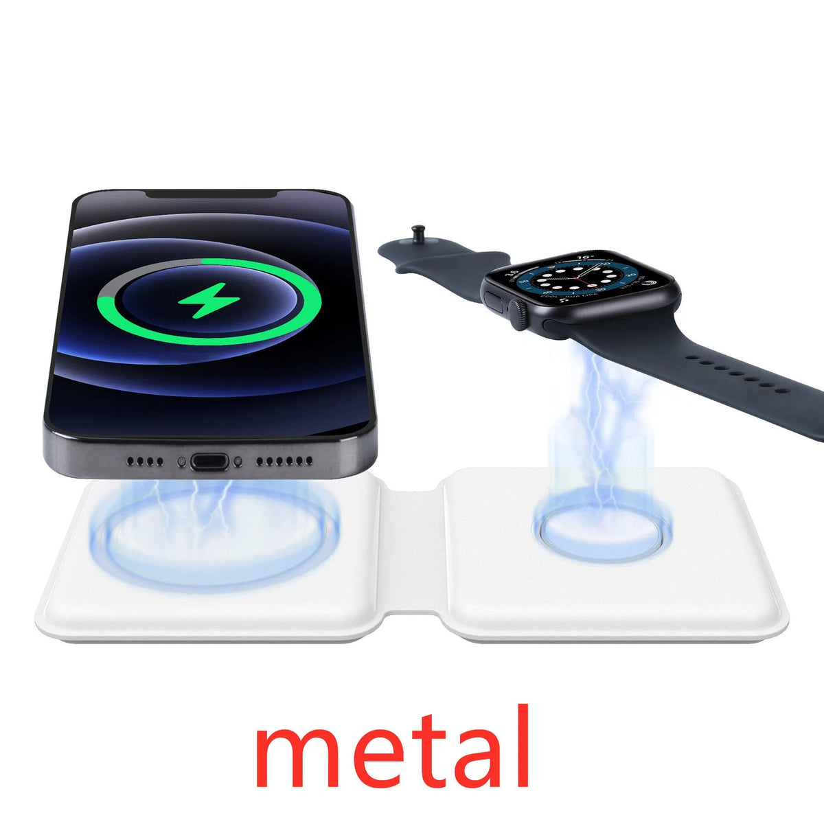 White folding dual magnetic wireless charger showing 180° adjustable angle and dual charging surfaces