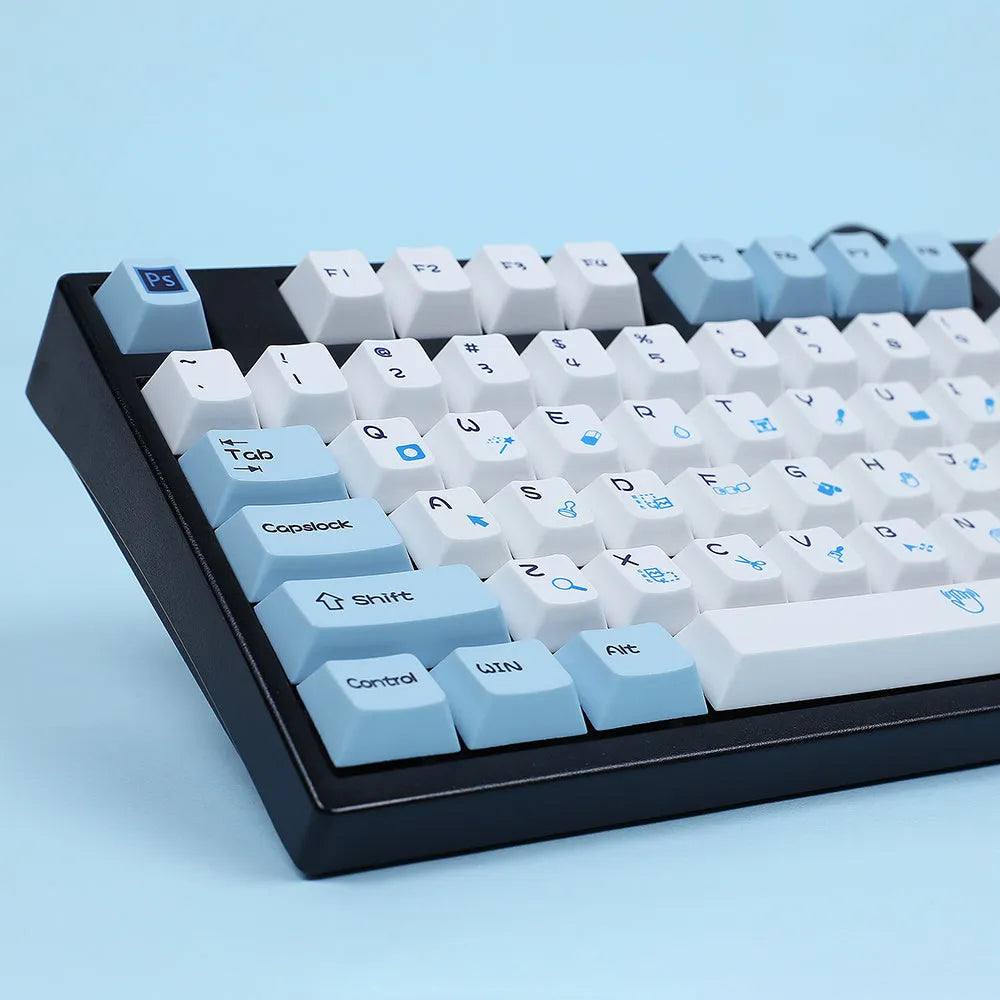 PlayStation-themed blue and white mechanical keyboard keycap set with 108 keys and supplementary CMYK RGBK colour keys