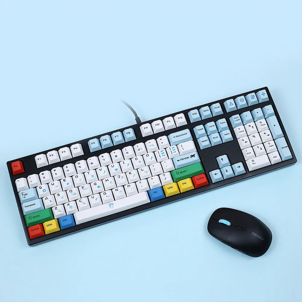 PlayStation-themed blue and white mechanical keyboard keycap set with 108 keys and supplementary CMYK RGBK colour keys