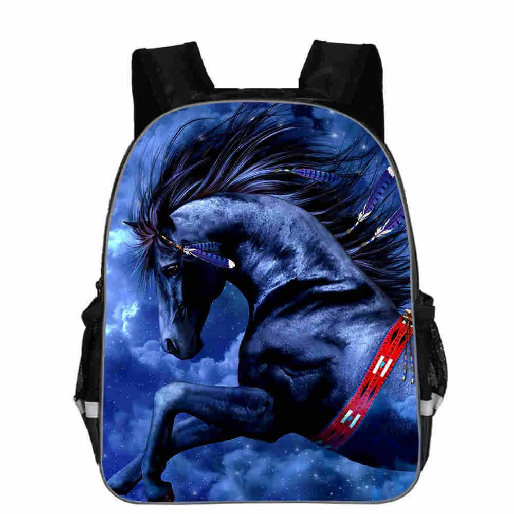 Horse head cartoon backpack with lightning design in multiple colours and sizes for school use