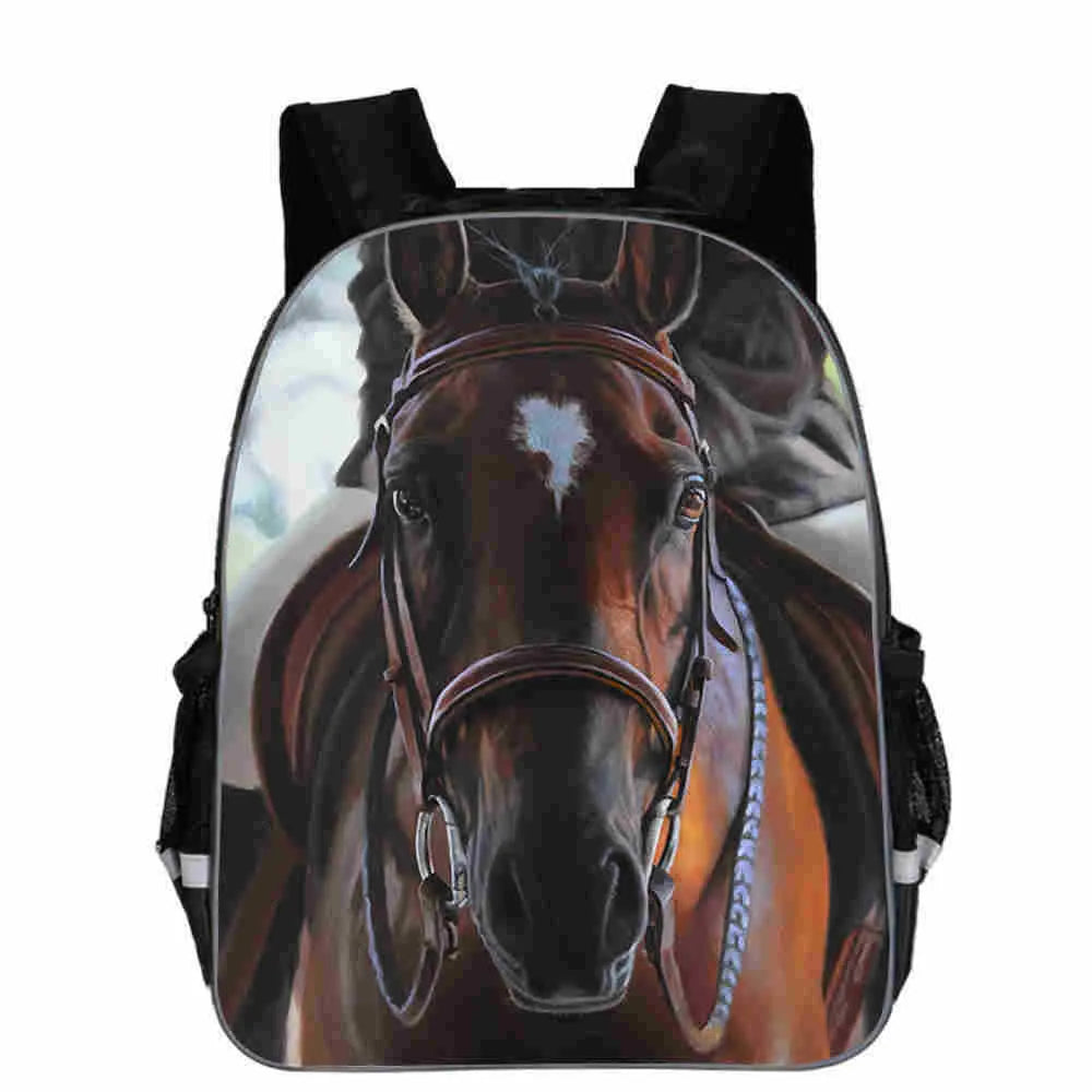 Horse head cartoon backpack with lightning design in multiple colours and sizes for school use