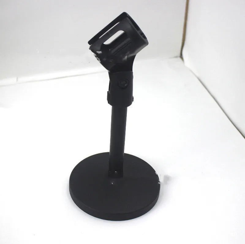Black metal desktop microphone bracket with triangular base and plastic clip at fixed 22cm height.