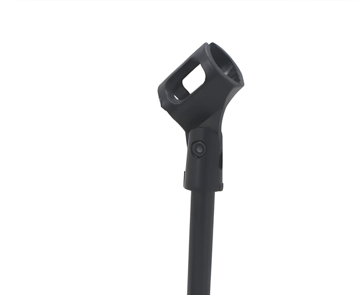 Black metal desktop microphone bracket with triangular base and plastic clip at fixed 22cm height.