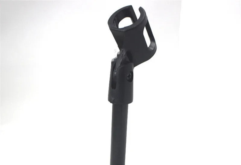 Black metal desktop microphone bracket with triangular base and plastic clip at fixed 22cm height.