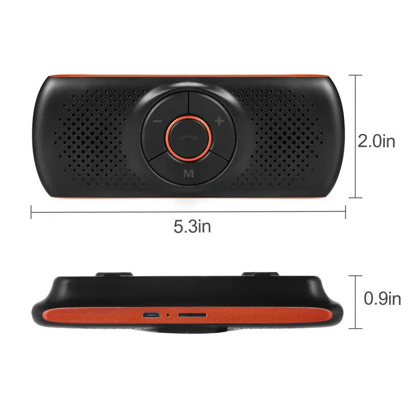 Orange Bluetooth car hands-free speaker mounted on car sun visor with wireless smartphone connectivity.