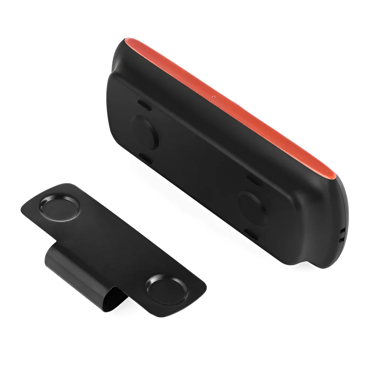 Orange Bluetooth car hands-free speaker mounted on car sun visor with wireless smartphone connectivity.