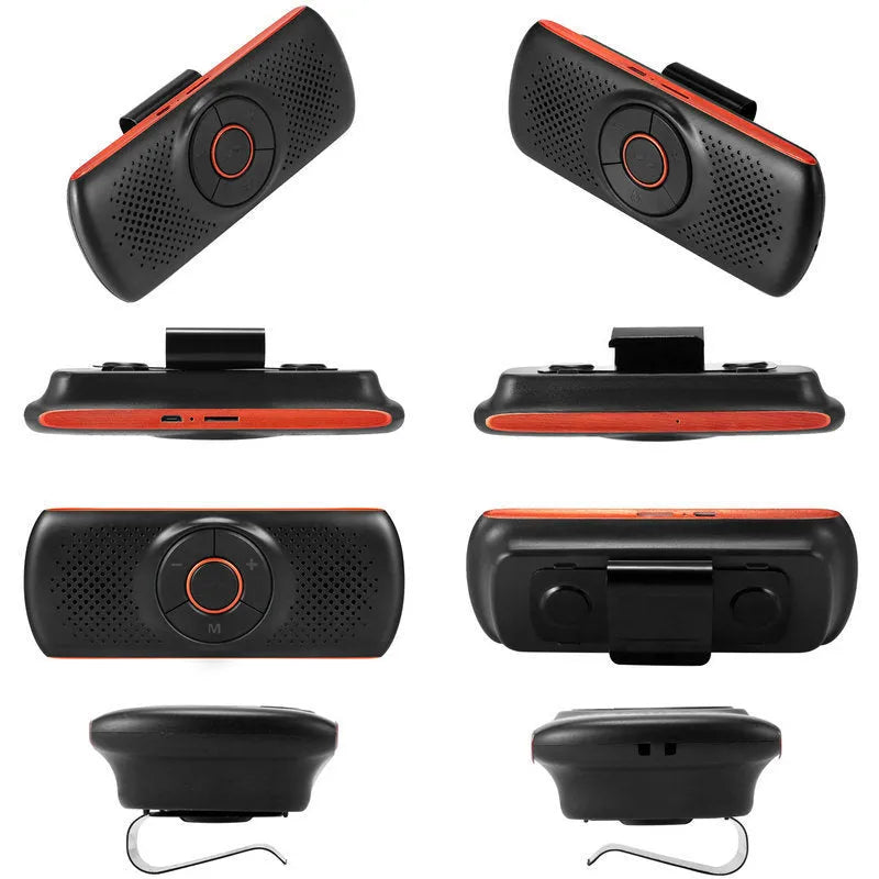 Orange Bluetooth car hands-free speaker mounted on car sun visor with wireless smartphone connectivity.