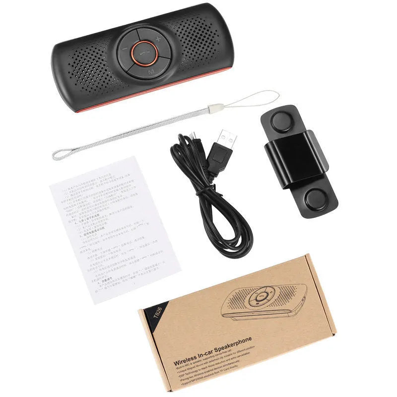 Orange Bluetooth car hands-free speaker mounted on car sun visor with wireless smartphone connectivity.