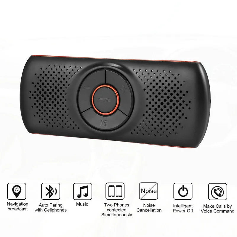Orange Bluetooth car hands-free speaker mounted on car sun visor with wireless smartphone connectivity.