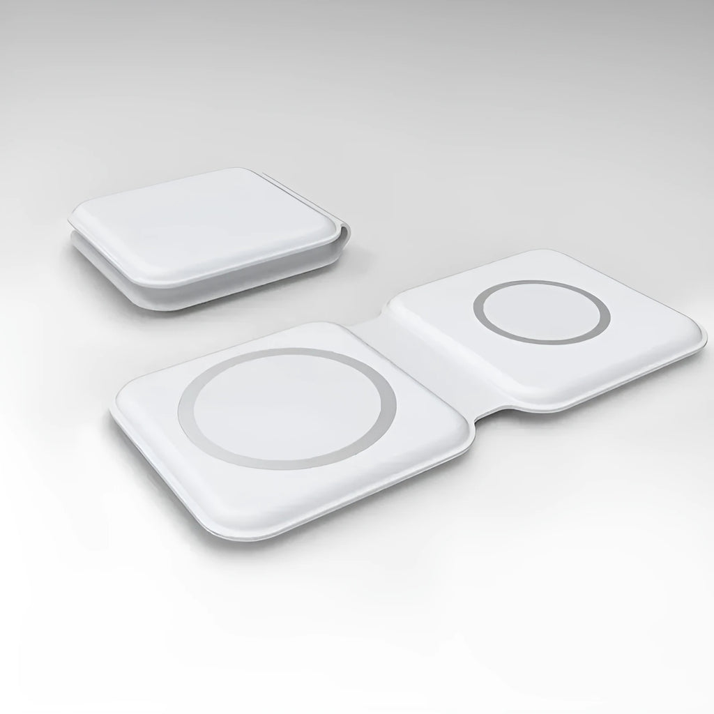 White folding dual magnetic wireless charger showing 180° adjustable angle and dual charging surfaces