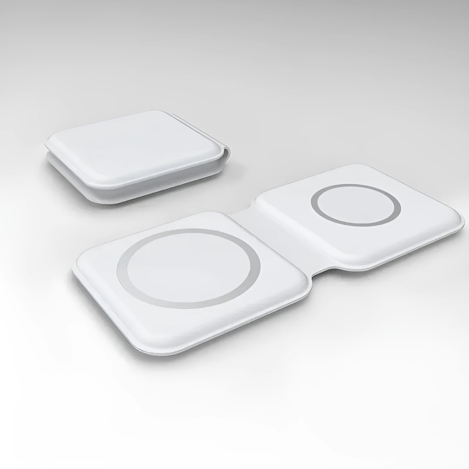 White folding dual magnetic wireless charger showing 180° adjustable angle and dual charging surfaces