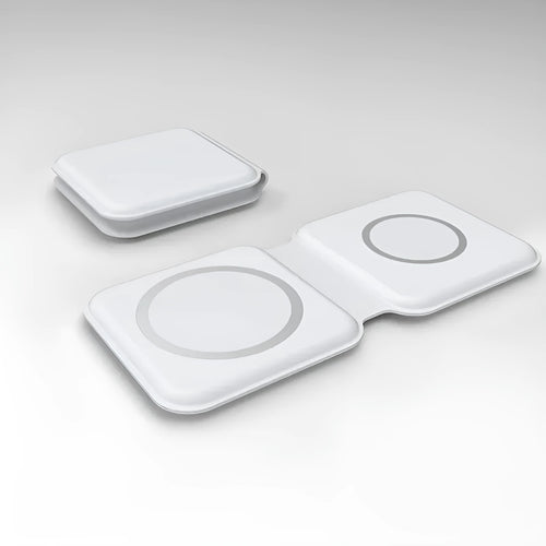White folding dual magnetic wireless charger showing 180° adjustable angle and dual charging surfaces