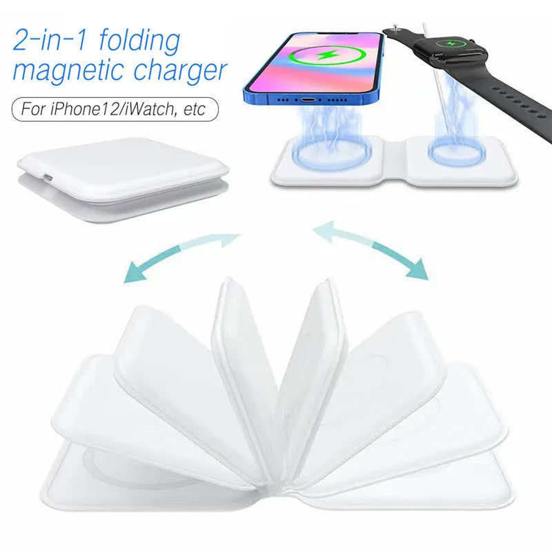 White folding dual magnetic wireless charger showing 180° adjustable angle and dual charging surfaces