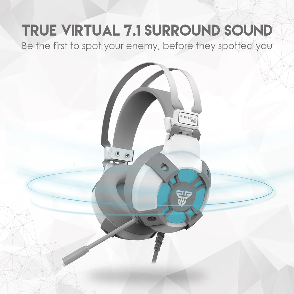 Black FANTECH HG11 gaming headset with RGB lights on ear cups and a retractable microphone.