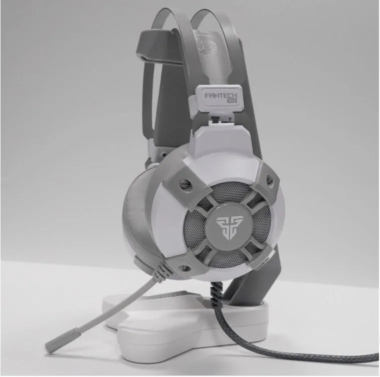 Black FANTECH HG11 gaming headset with RGB lights on ear cups and a retractable microphone.