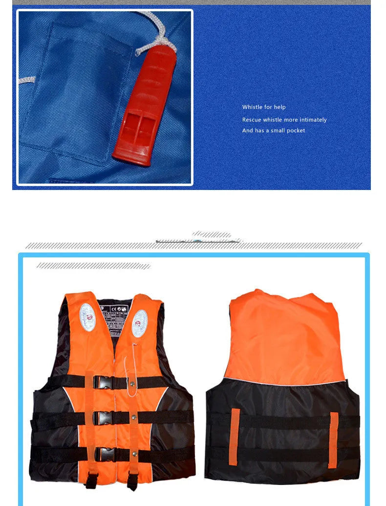 Orange foam life jacket with whistle, child and adult sizes M L XL XXL XXXL, model J-1001