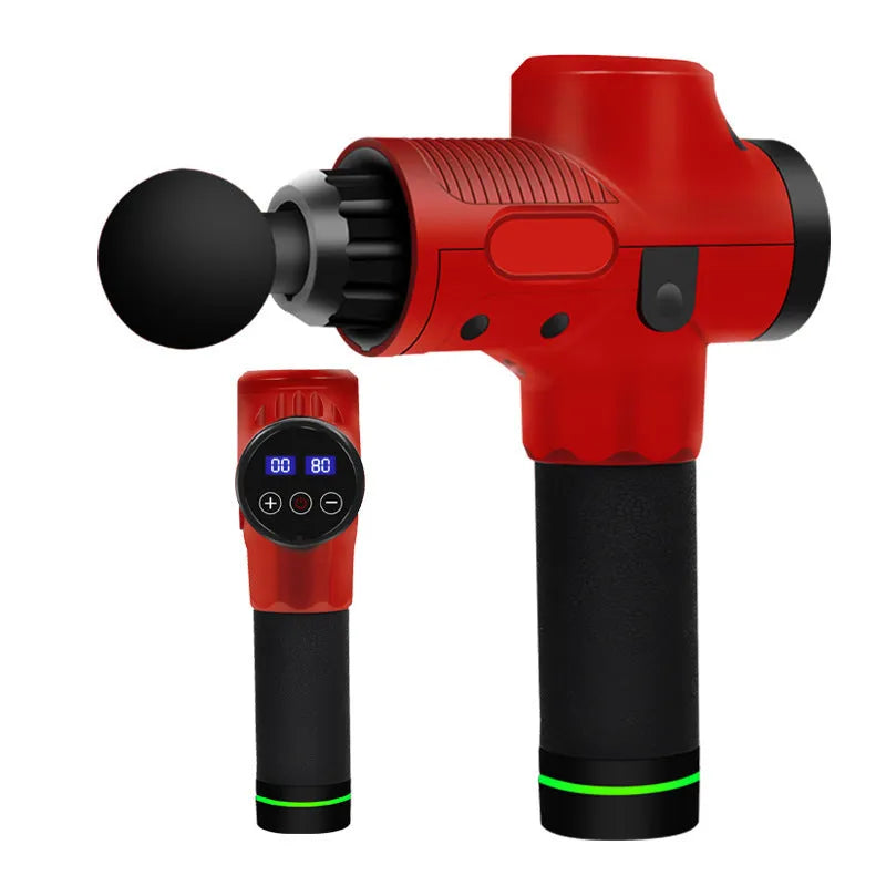 Black electric muscle massage gun with seven different coloured attachment heads on a grey background.