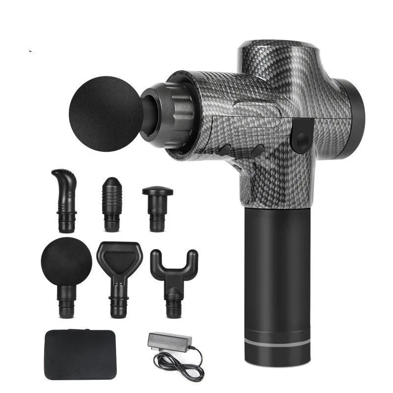 Black electric muscle massage gun with seven different coloured attachment heads on a grey background.