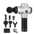 Black electric muscle massage gun with seven different coloured attachment heads on a grey background.
