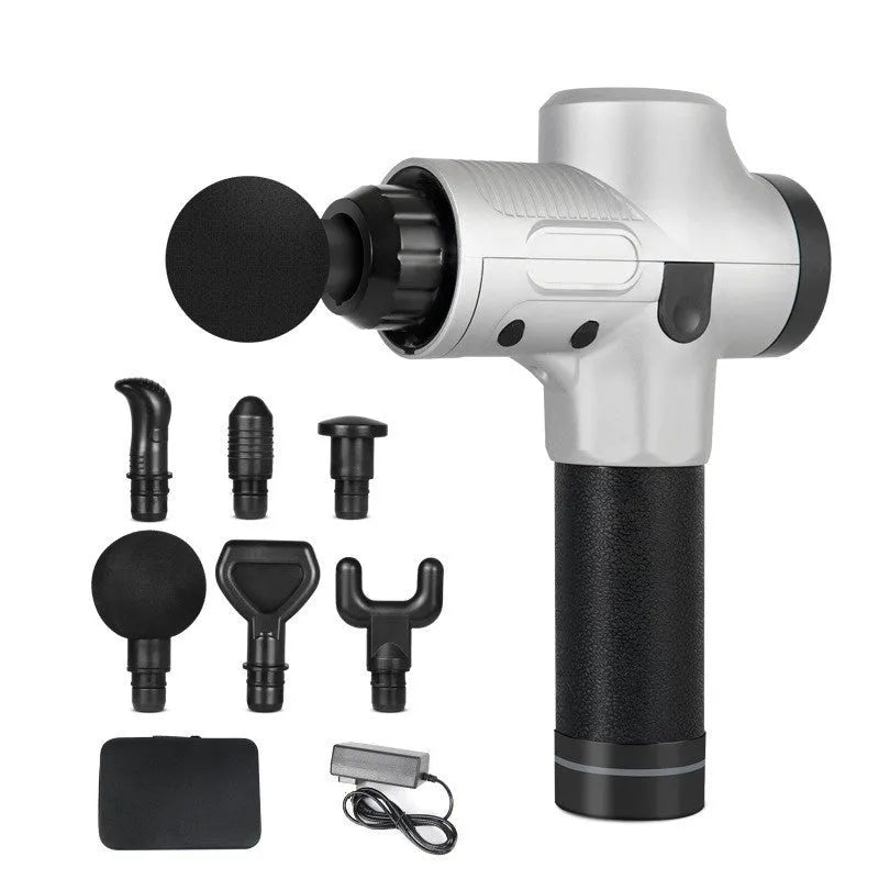 Black electric muscle massage gun with seven different coloured attachment heads on a grey background.