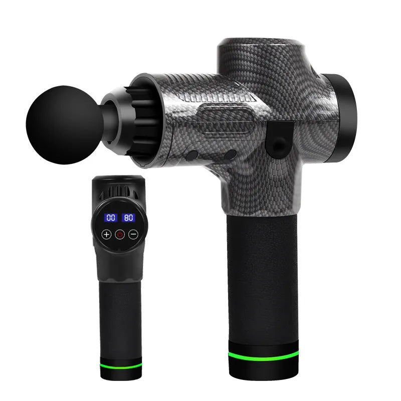 Black electric muscle massage gun with seven different coloured attachment heads on a grey background.