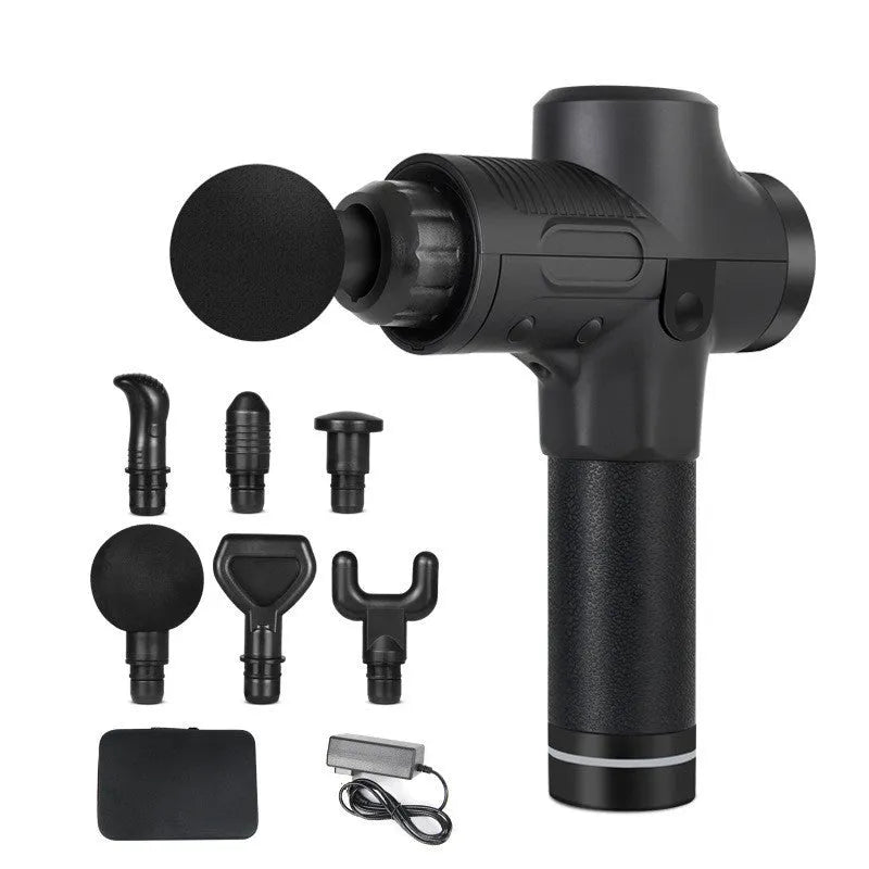 Black electric muscle massage gun with seven different coloured attachment heads on a grey background.