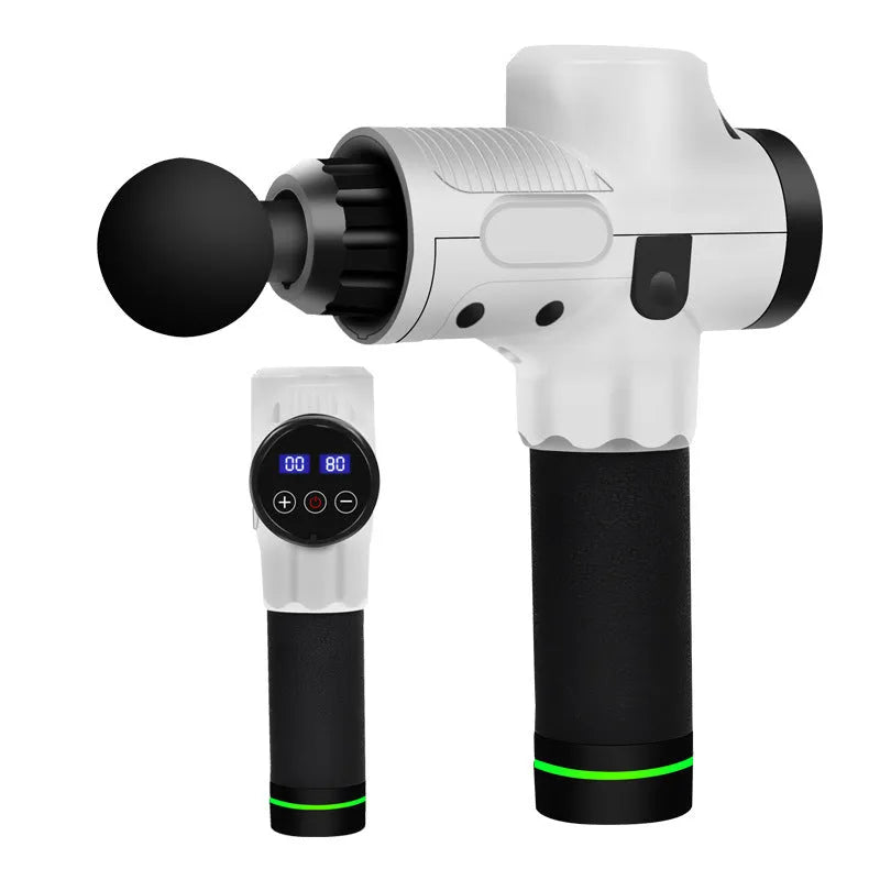 Black electric muscle massage gun with seven different coloured attachment heads on a grey background.