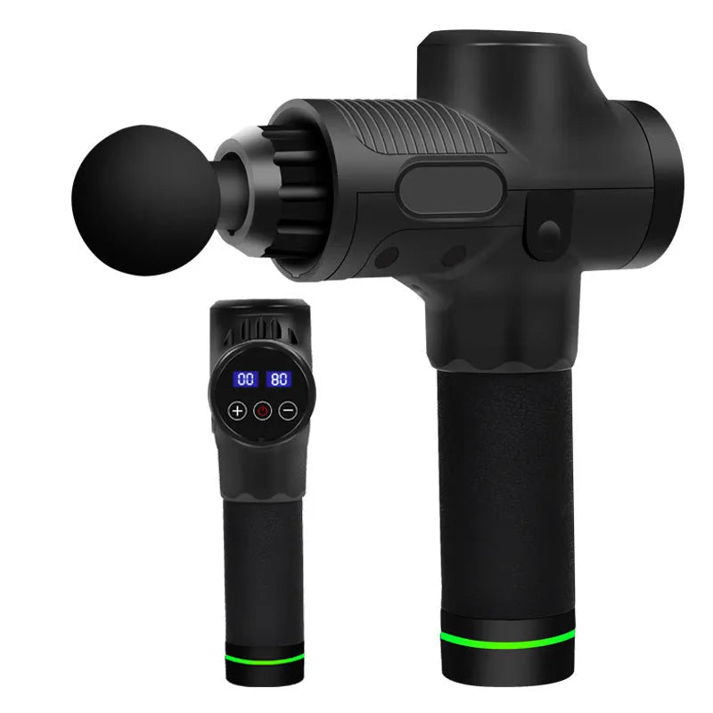 Black electric muscle massage gun with seven different coloured attachment heads on a grey background.