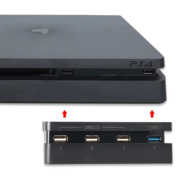 Black PS4 Slim USB hub extender with multiple USB ports for PlayStation 4 console connectivity expansion