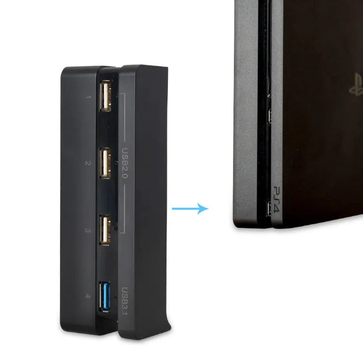 Black PS4 Slim USB hub extender with multiple USB ports for PlayStation 4 console connectivity expansion