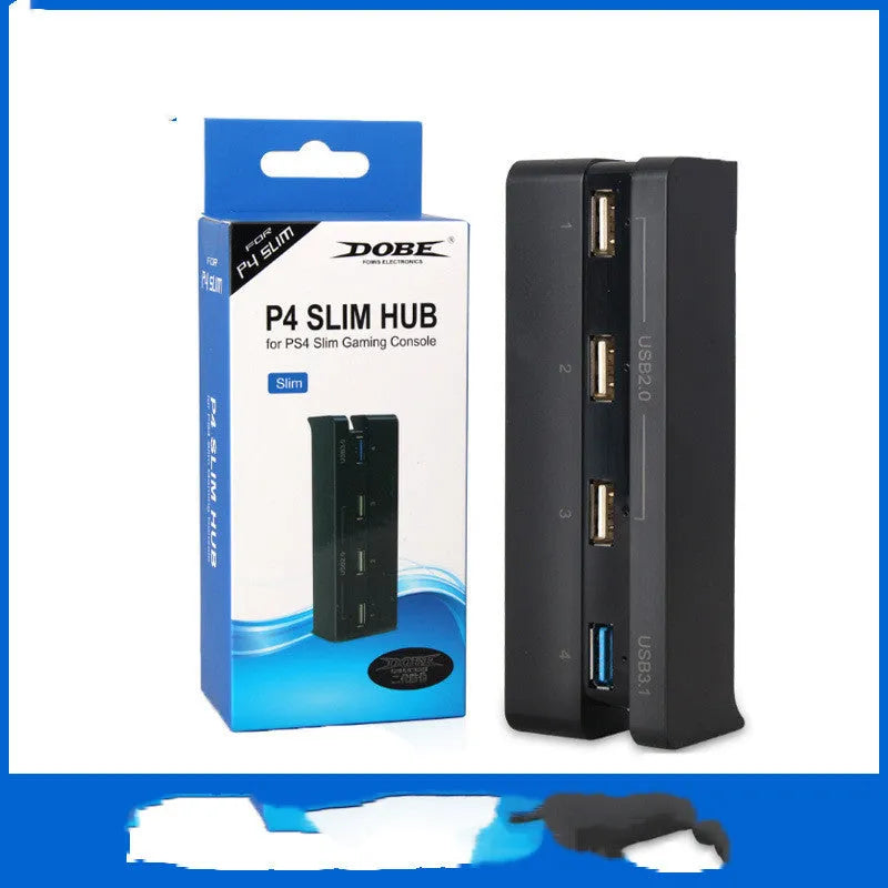 Black PS4 Slim USB hub extender with multiple USB ports for PlayStation 4 console connectivity expansion