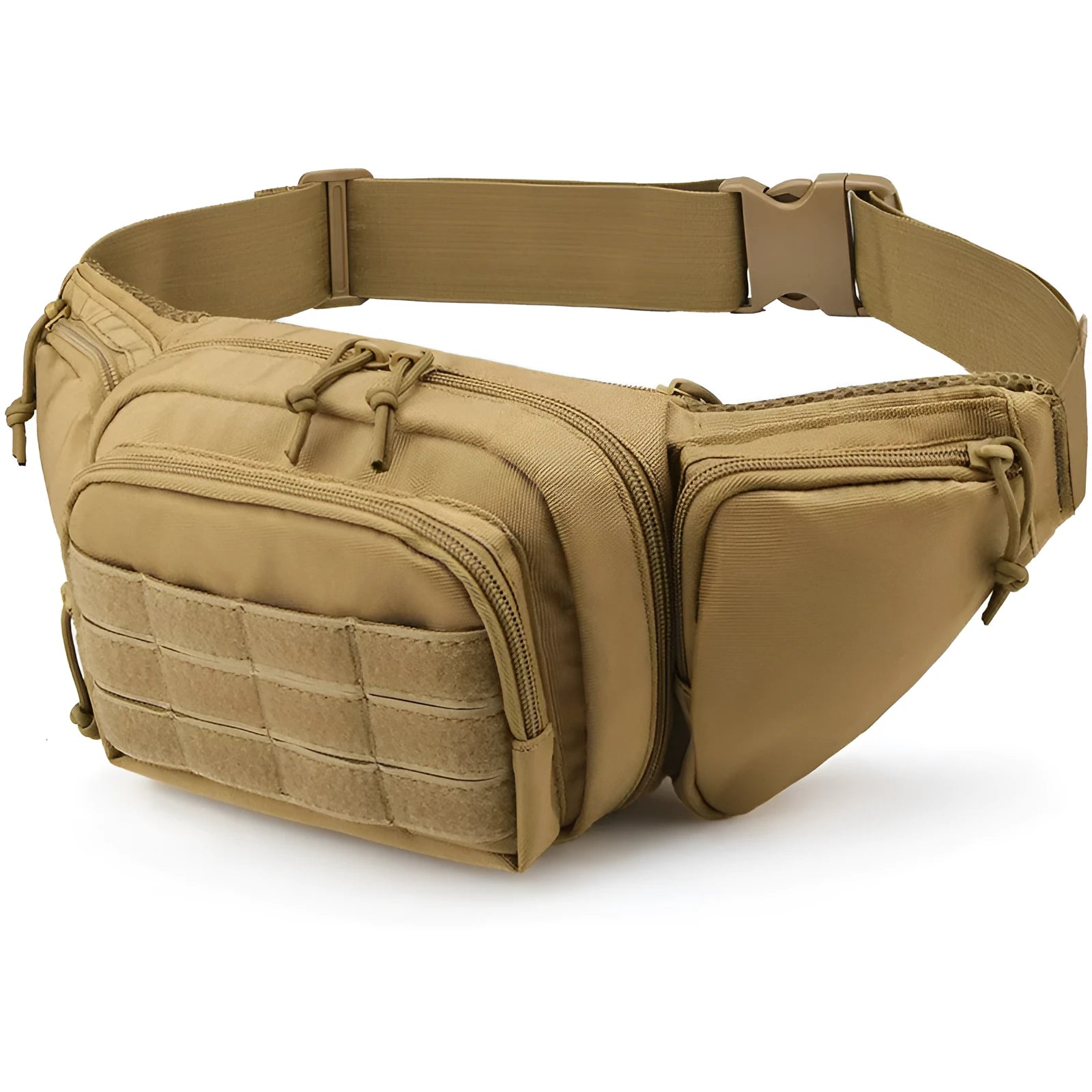 Black tactical waist bag with multiple storage compartments for travel and outdoor use