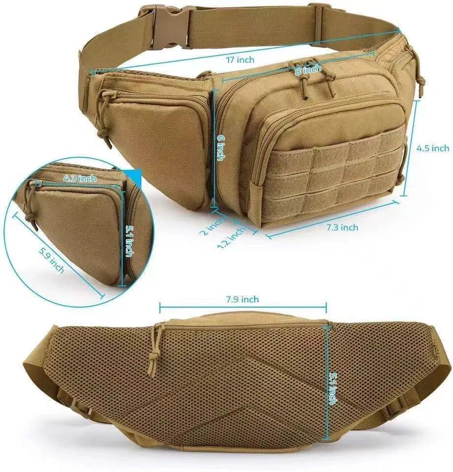 Black tactical waist bag with multiple storage compartments for travel and outdoor use