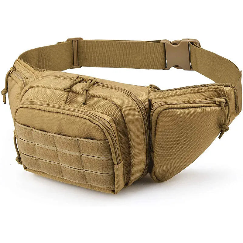 Black tactical waist bag with multiple storage compartments for travel and outdoor use