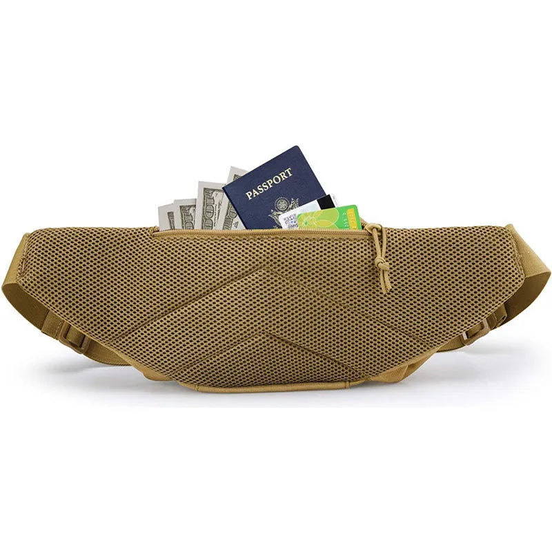 Black tactical waist bag with multiple storage compartments for travel and outdoor use