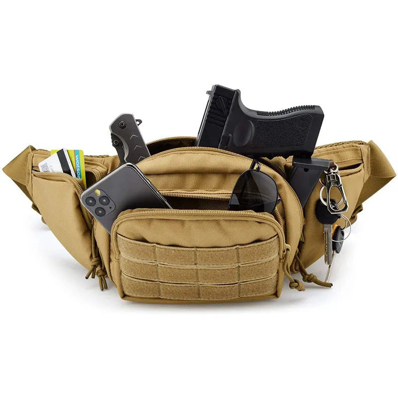 Black tactical waist bag with multiple storage compartments for travel and outdoor use