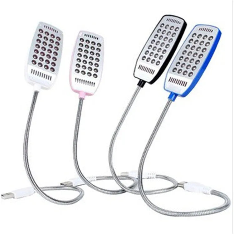 Black USB LED desk lamp with a flexible gooseneck neck bent over a book.