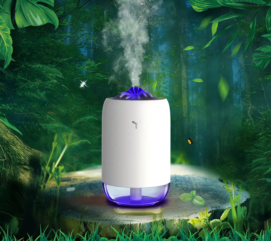 Magic Flame columnar ultrasonic humidifier with USB cable in white, blue, or pink colour options